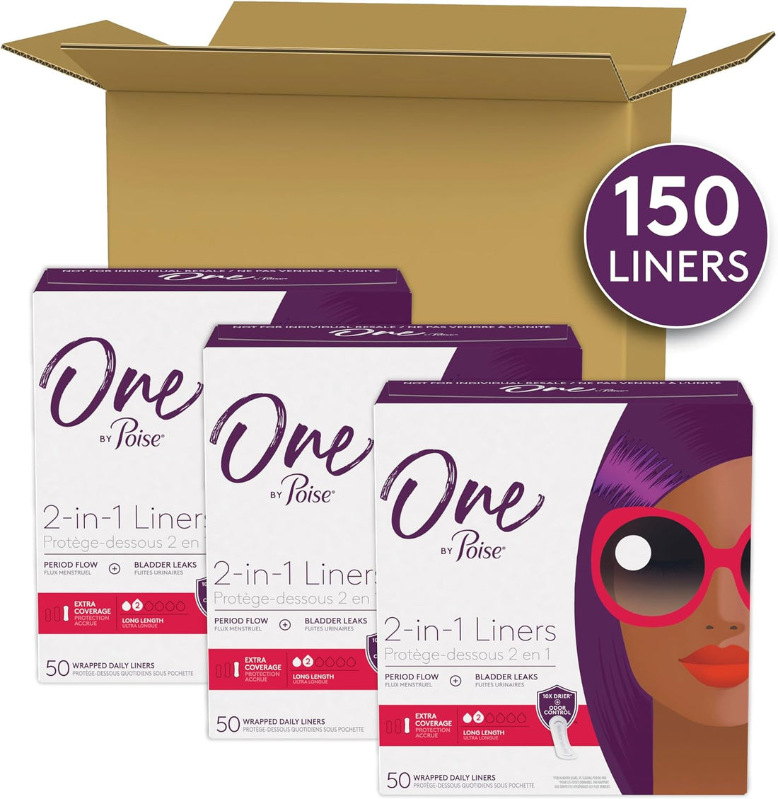 One by  Panty Liners (2-In-1 Period &amp; Bladder Leakage Daily Liner), Long, Extra Coverage for Period Flow, Very Light Absorbency for Bladder Leaks, 150 Count (3 Pack of 50)