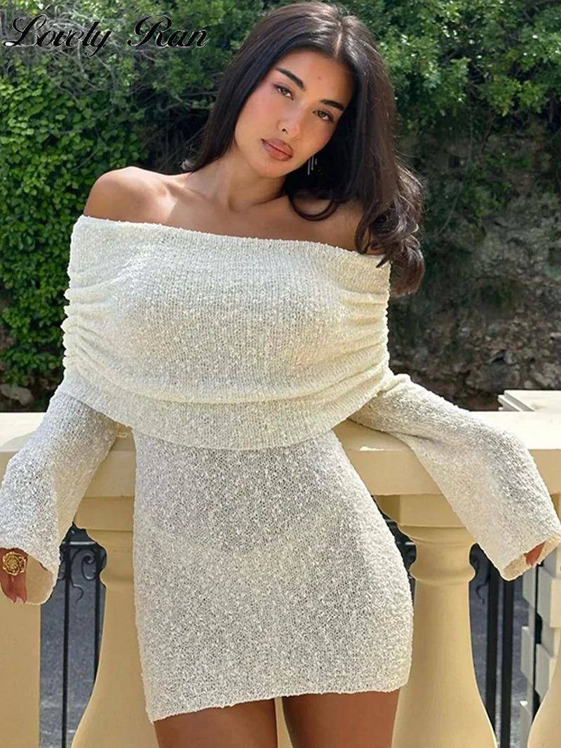 Sexy off Shoulder Mini Dress Women White See through Long Sleeve Female Dresses 2024 Summer Fashion Party Club Lady Vestidos