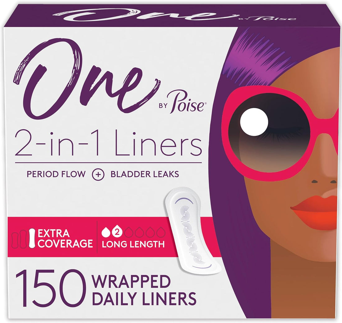 One by  Panty Liners (2-In-1 Period &amp; Bladder Leakage Daily Liner), Long, Extra Coverage for Period Flow, Very Light Absorbency for Bladder Leaks, 150 Count (3 Pack of 50)