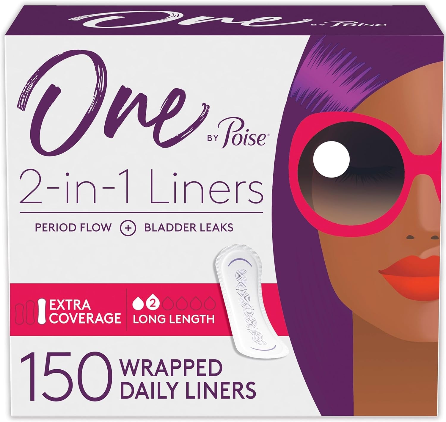 One by  Panty Liners (2-In-1 Period &amp; Bladder Leakage Daily Liner), Long, Extra Coverage for Period Flow, Very Light Absorbency for Bladder Leaks, 150 Count (3 Pack of 50)