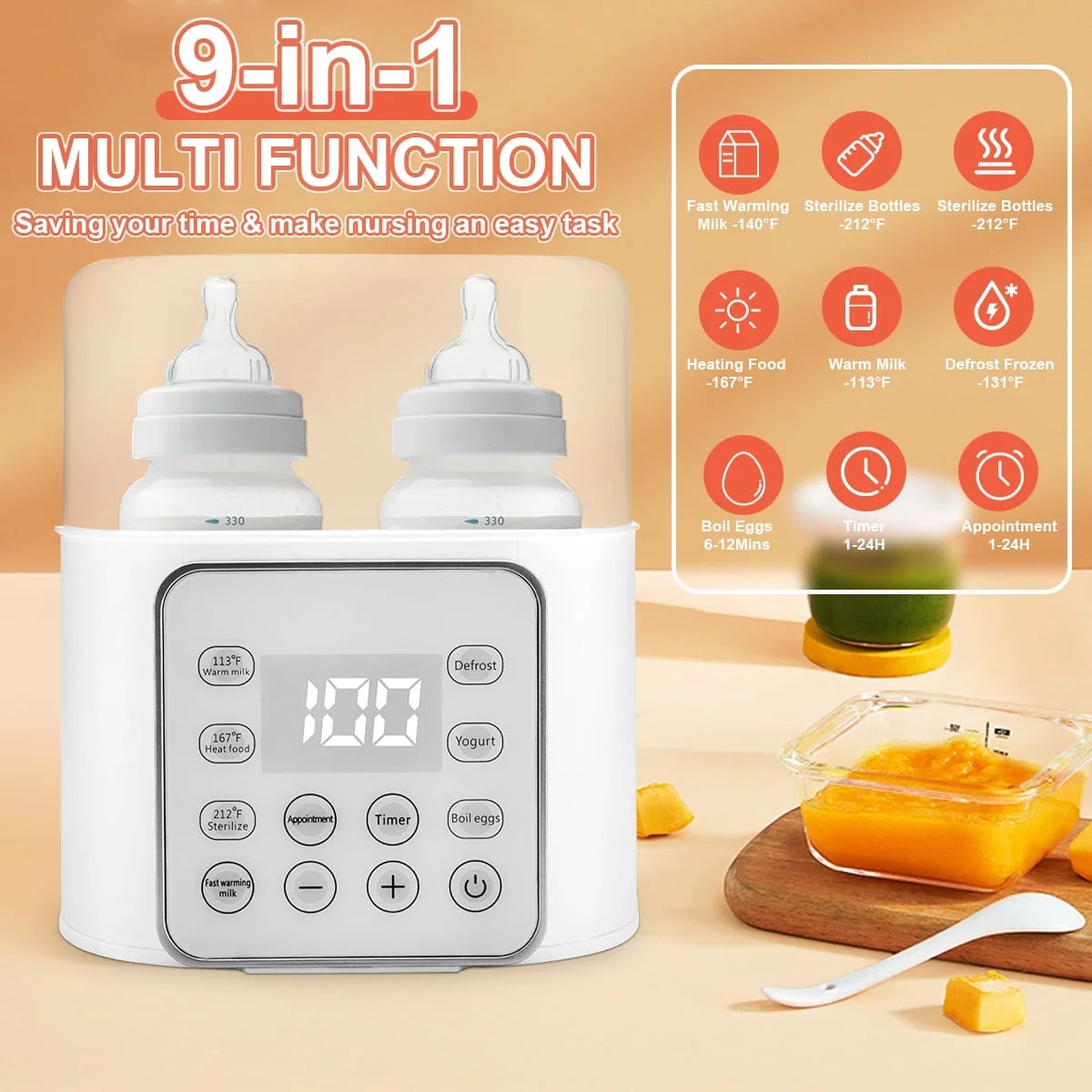 9-in-1 Double Bottle Milk Warmer with Timer and LCD Display