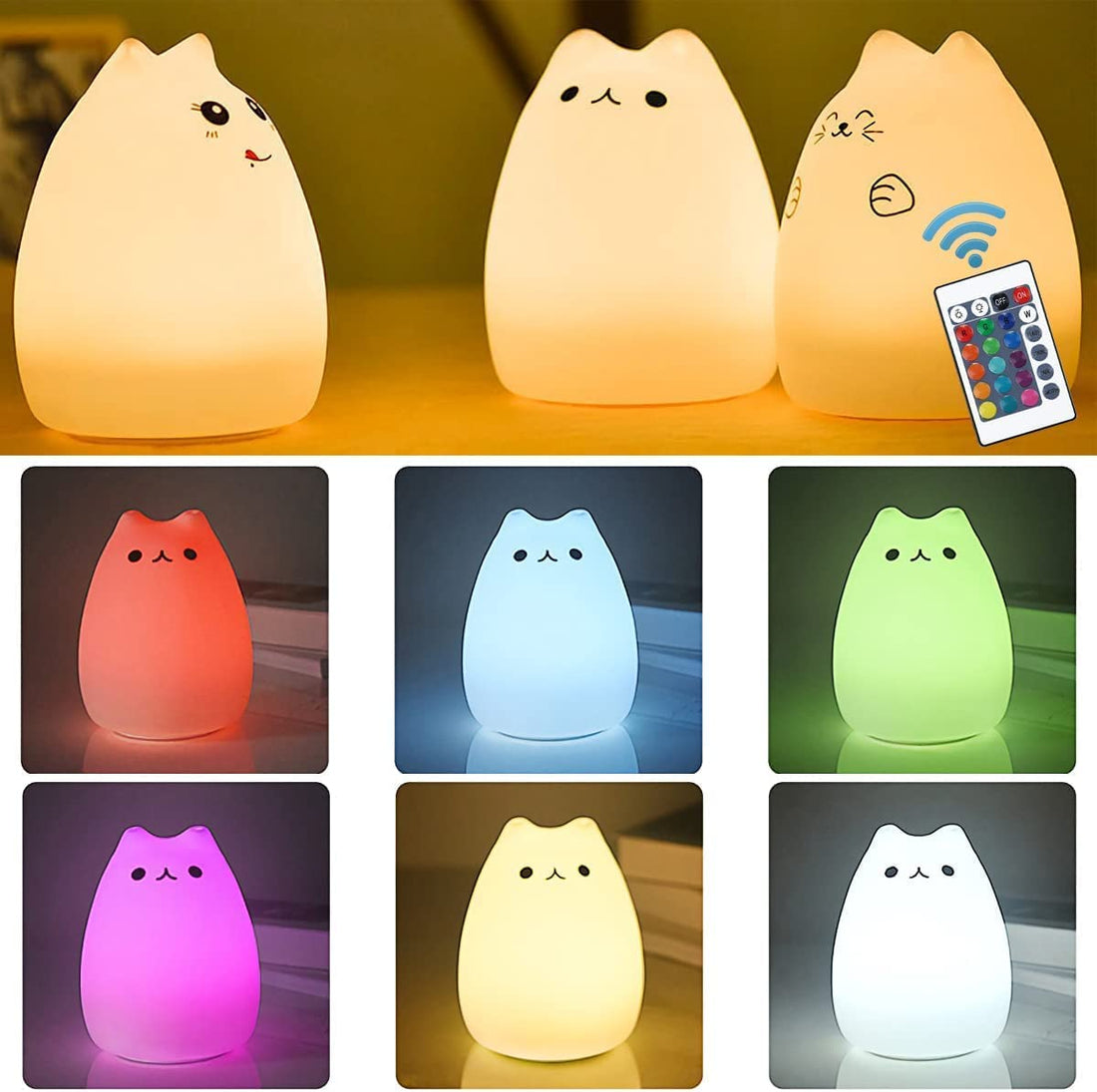 &quot;Rechargeable Remote Control Cat Night Light Set for Kids - Cute Silicone Kitty Nightlight&quot;