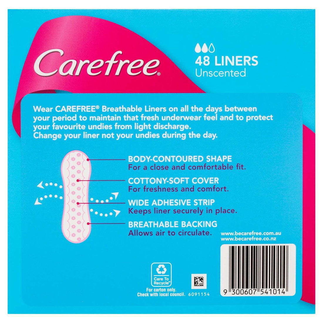 Carefree Breathable Unscented Panty Liners 48 Pack