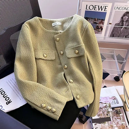 New Small Fragrance Tweed Jacket Women French O-Neck Long Sleeve Pearl Button Single Breasted Cardigan Short Coat Korean Fashion