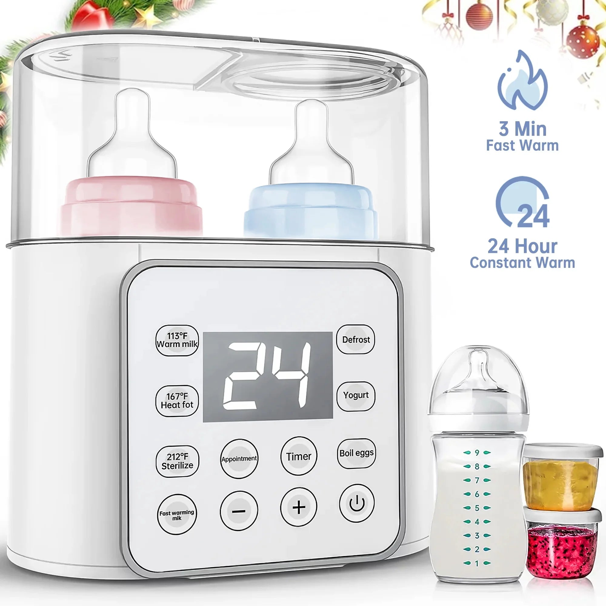 9-in-1 Double Bottle Milk Warmer with Timer and LCD Display