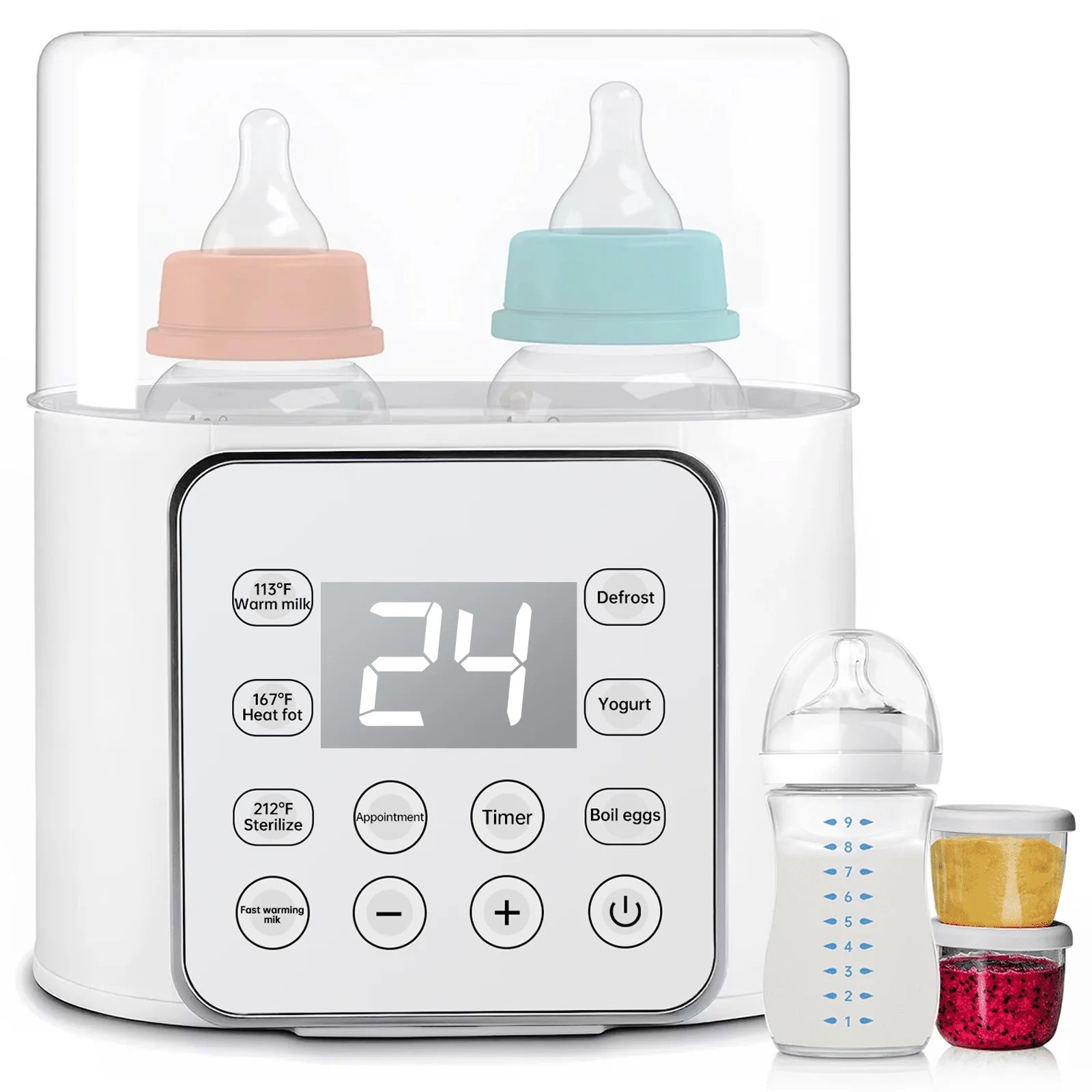 9-in-1 Double Bottle Milk Warmer with Timer and LCD Display