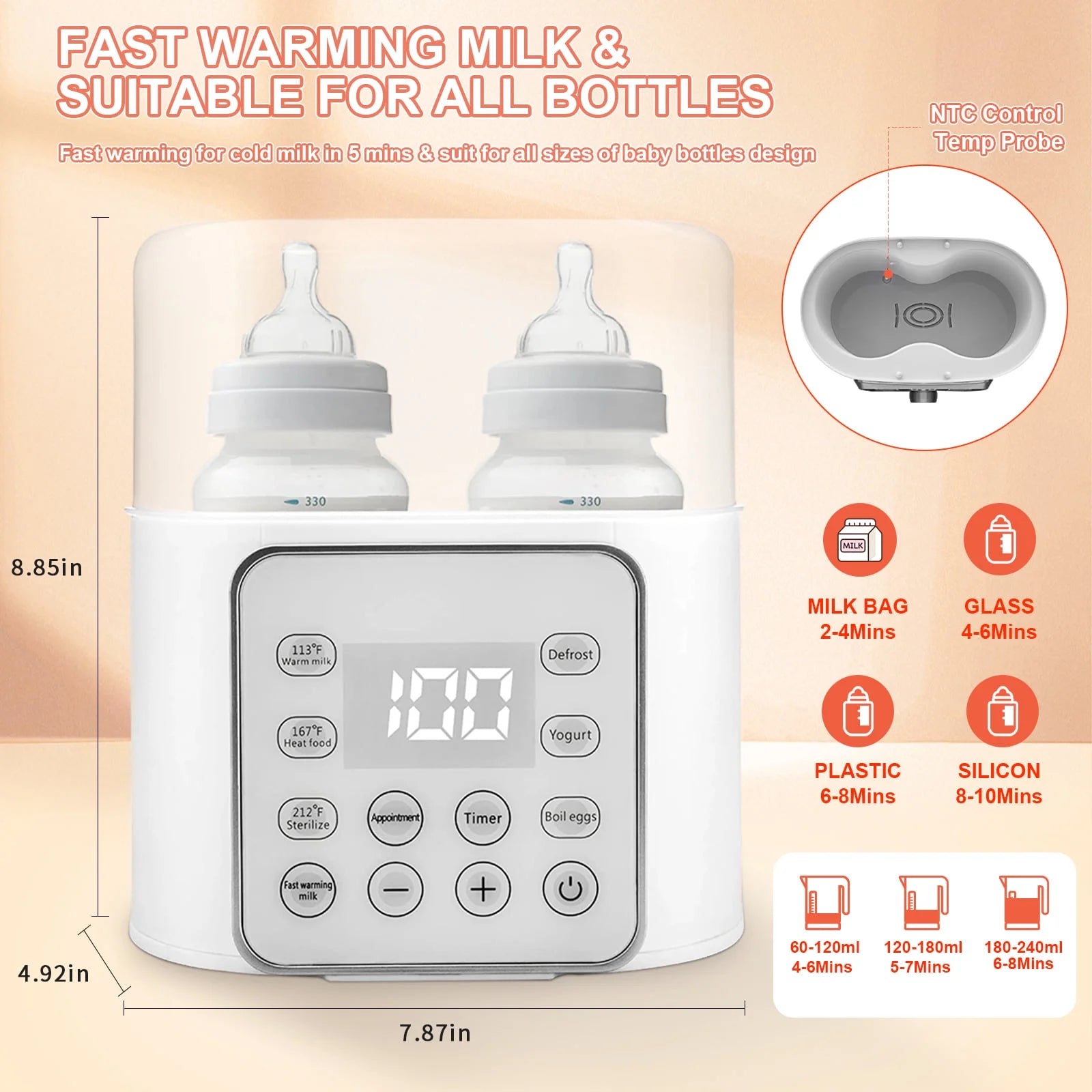 9-in-1 Double Bottle Milk Warmer with Timer and LCD Display